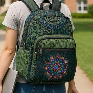 May include: A green backpack featuring a dark green and black circular mandala pattern with blue, orange, and purple accents. The bag includes a front zippered pocket with a green herringbone texture, black shoulder straps, and side mesh pockets.