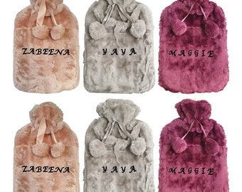 Bolsa de agua caliente grande de lujo personalizada con suave piel sintética y pompones / Botella de 2 litros