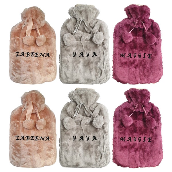 Luxury Large Personalised Hot Water Bottle with Plush Faux Fur & Pom Poms | 2 Litre Bottle