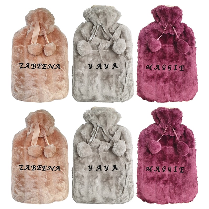 Luxury Large Personalised Hot Water Bottle with Plush Faux Fur & Pom Poms 2 Litre Bottle image 1