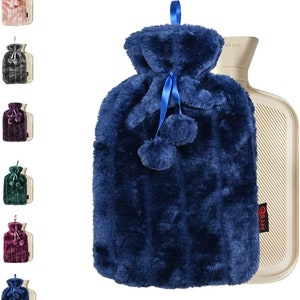 Luxury Large Personalised Hot Water Bottle with Plush Faux Fur & Pom Poms 2 Litre Bottle Blue