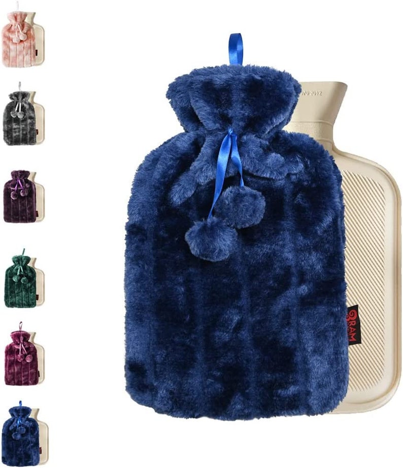 Luxury Large Personalised Hot Water Bottle with Plush Faux Fur & Pom Poms 2 Litre Bottle Blue