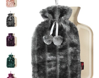 Ram 2L Large Deluxe Hot Water Bottle With Faux Fur Fluffy Cover Charcoal Icy Grey