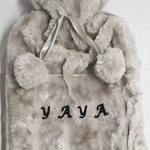 Luxury Large Personalised Hot Water Bottle with Plush Faux Fur & Pom Poms 2 Litre Bottle Silver