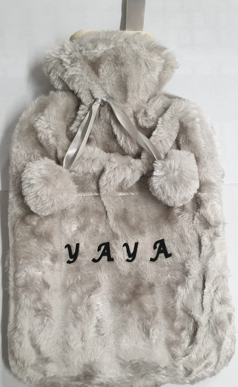 Luxury Large Personalised Hot Water Bottle with Plush Faux Fur & Pom Poms 2 Litre Bottle Silver