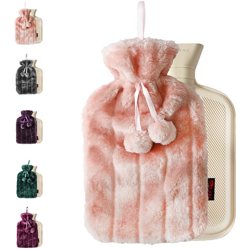 Luxury Large Personalised Hot Water Bottle with Plush Faux Fur & Pom Poms 2 Litre Bottle Pink