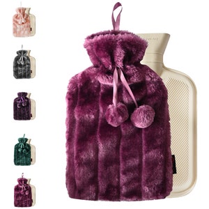 Luxury Large Personalised Hot Water Bottle with Plush Faux Fur & Pom Poms 2 Litre Bottle Purple