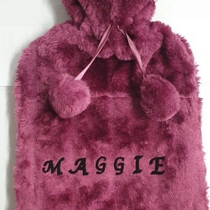 Luxury Large Personalised Hot Water Bottle with Plush Faux Fur & Pom Poms 2 Litre Bottle image 3