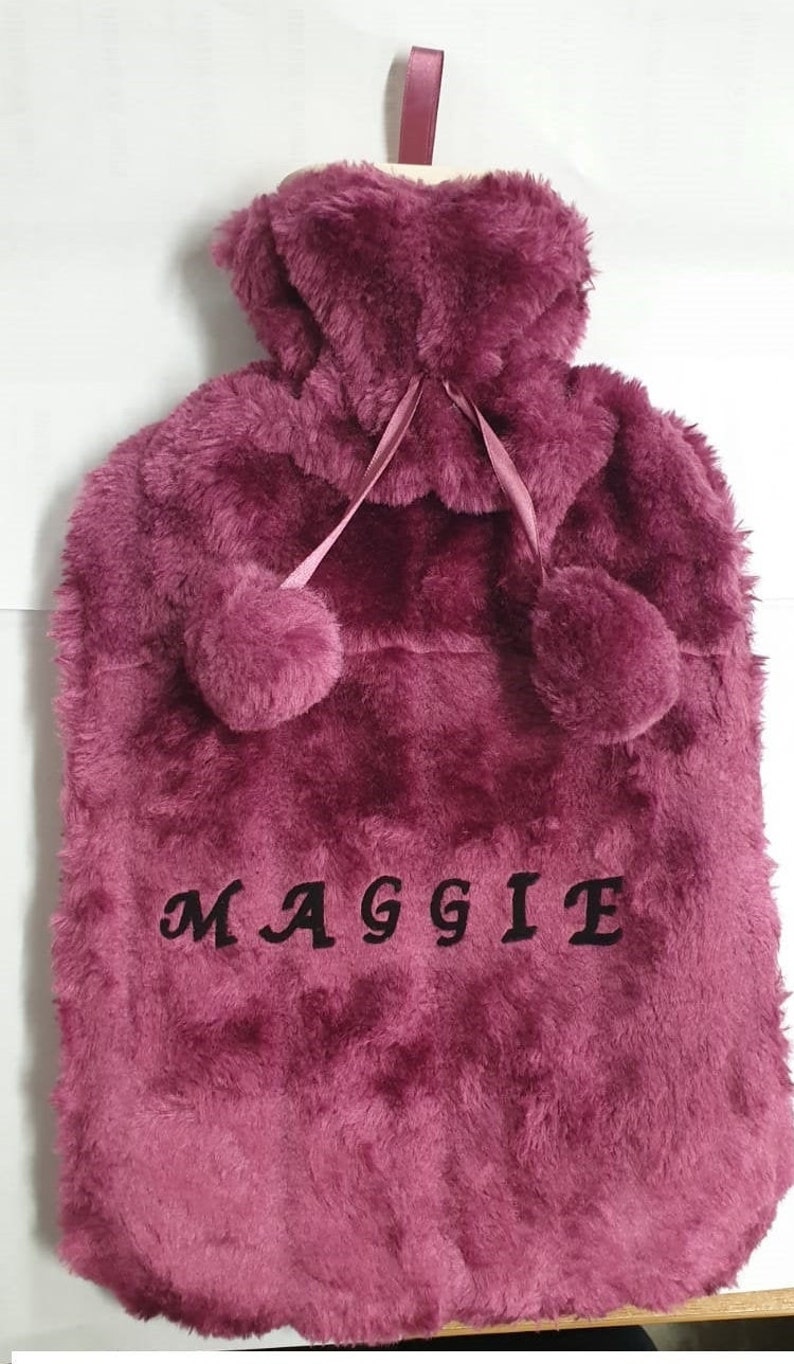 Luxury Large Personalised Hot Water Bottle with Plush Faux Fur & Pom Poms 2 Litre Bottle image 3