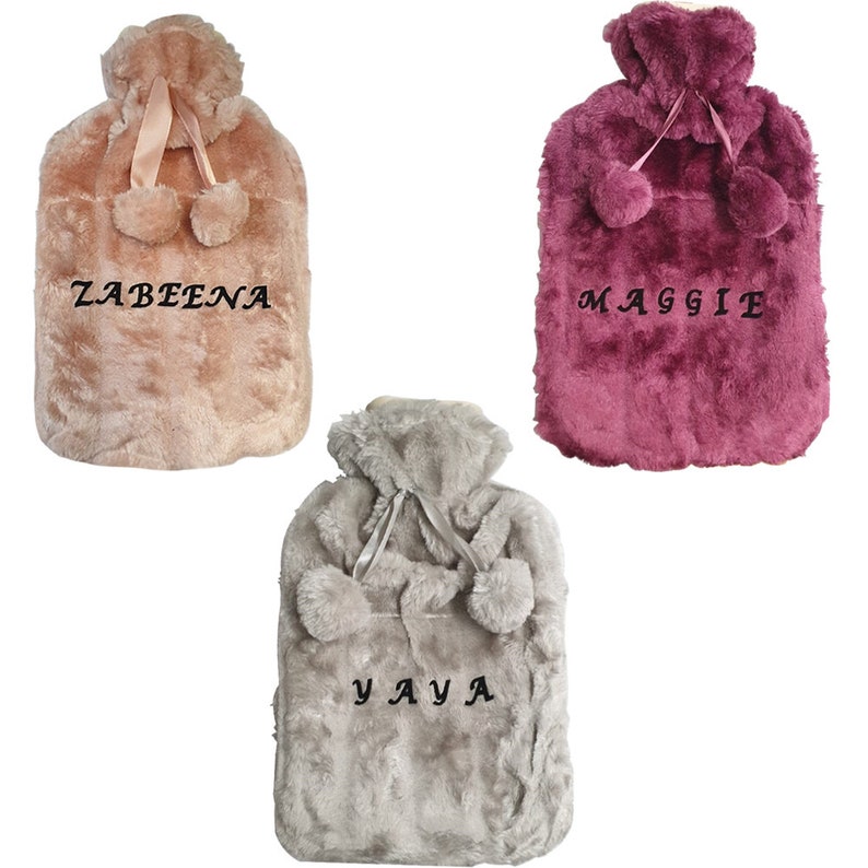 Luxury Large Personalised Hot Water Bottle with Plush Faux Fur & Pom Poms 2 Litre Bottle image 5