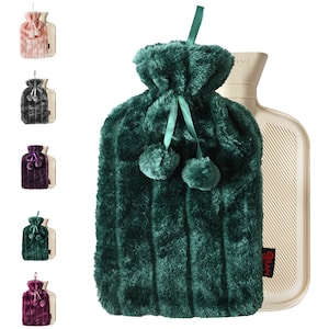 Luxury Large Personalised Hot Water Bottle with Plush Faux Fur & Pom Poms 2 Litre Bottle Green