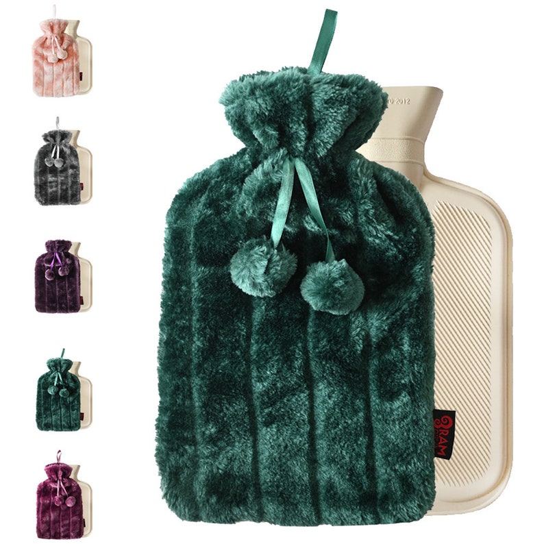 Luxury Large Personalised Hot Water Bottle with Plush Faux Fur & Pom Poms 2 Litre Bottle Green