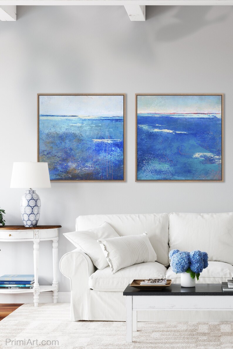 Blue Coastal Wall Art Set Large Beach Décor Diptych for Etsy