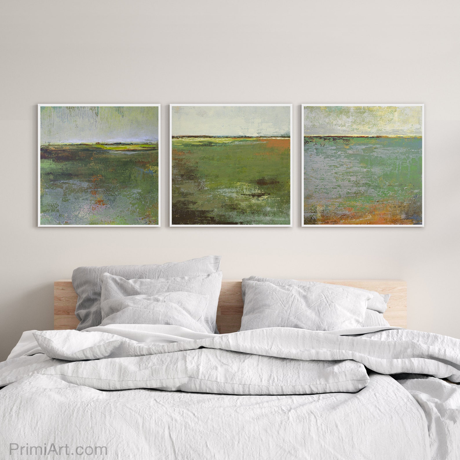 Green Set of 3 Wall Art, Digital Triptych Wall Art Above Bed