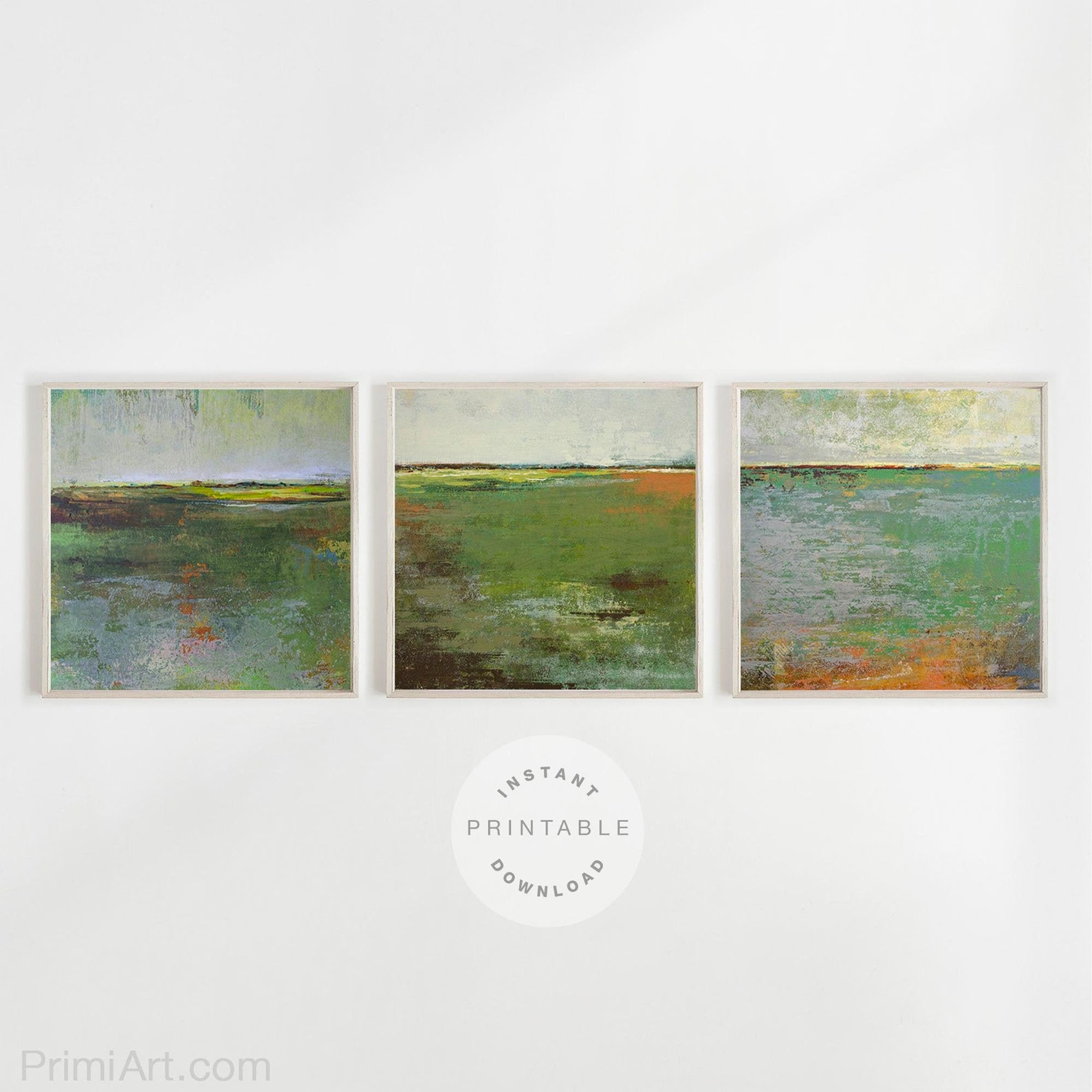 Green Set of 3 Wall Art, Digital Triptych Wall Art Above Bed