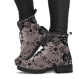 Combat Boots - Black Lace Print Design | Boho Shoes, Women's Boots, Vegan Leather Lace Up Boots Women, Handmade Lace Up Boots, Custom Shoes