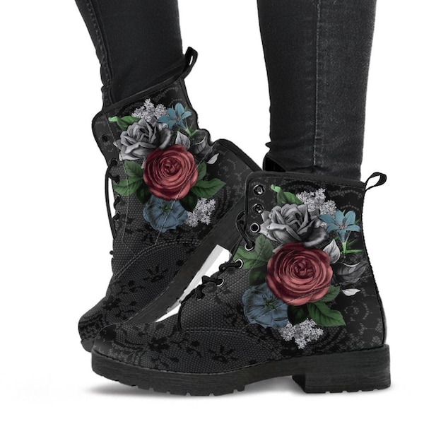 Gevechtslaarzen - Vintage bloemen met zwarte kantprint | Aangepaste schoenen, veganistisch lederen veterlaarzen dames, dameslaarzen