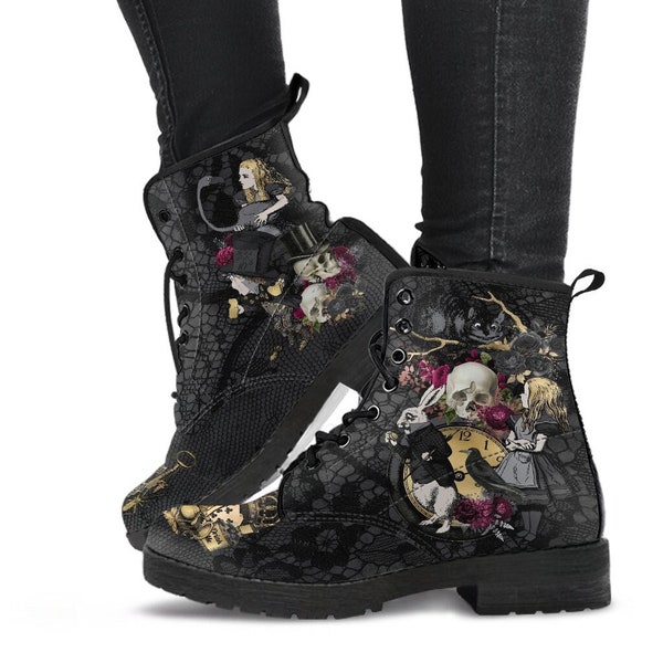 Combat Boots - Alice in Wonderland Gifts #101 Goth Series | Custom Shoes, Women's Black Hipster Boots, Vegan Leather Boots, 90s Women's