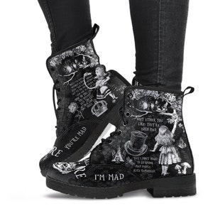 Combat Boots - Alice in Wonderland Gifts #103 Black and White Series, Cheshire Cat, Gift Idea, Women's Boots, Vegan Shoes, Vegan Leather