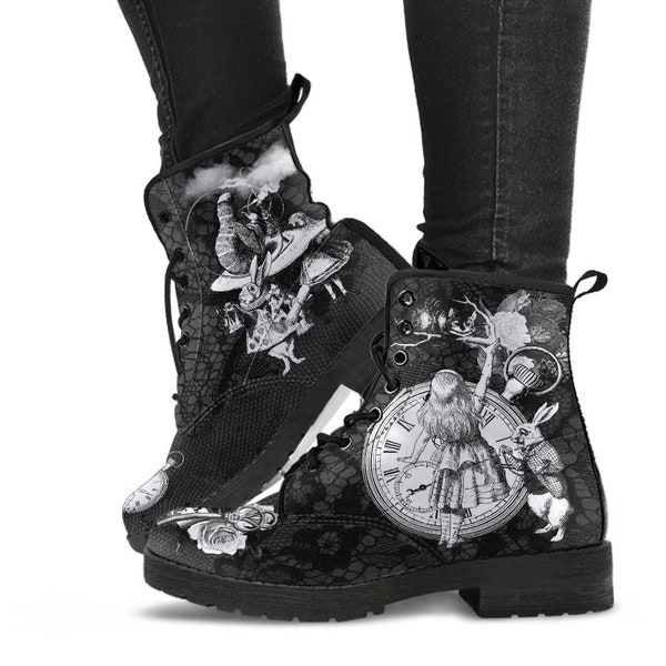 Combat Boots - Alice in Wonderland Gifts #52 Classic Series, Black Lace Print | Birthday Gifts, Gift Idea, Women's Boots, Custom Shoes