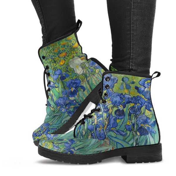 Combat Boots - Vintage Art | Vincent van Gogh: Irises | Custom Shoes, Vegan Leather Lace Up Boots, 90s Boots, 2000s Boots, Cool Shoes