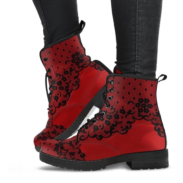 Combat Boots - Gothic Lace Print #102 Red | Custom Shoes, Hippie Boots, 90s Boots, Red Boots, Red Shoes, Lace Up Boots