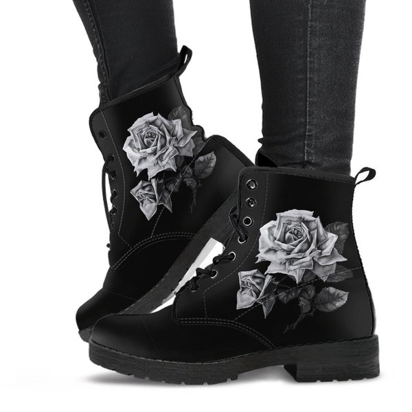 Bottes de combat - Roses vintage en noir et blanc | Bottes hipster noires pour femmes, bottes à lacets en cuir végétalien femmes, bottes à lacets faites à la main