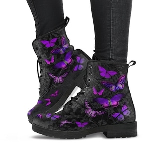 Gevechtslaarzen - Vlinderschoenen #103 Paars | Aangepaste schoenen, dameslaarzen, esthetische schoenen, Boho-schoenen, vintage stijlschoenen, studentenverenigingschoenen