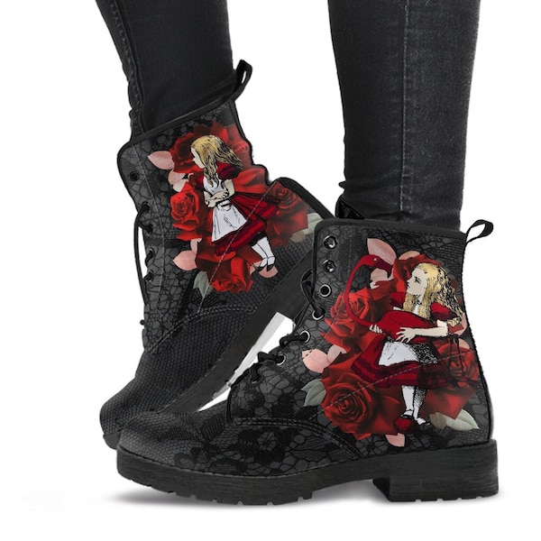 Combat Boots - Alice in Wonderland Gifts #35 Red Series, Black Lace Print | Birthday Gift Idea, Black Hipster Boots, Custom Shoes
