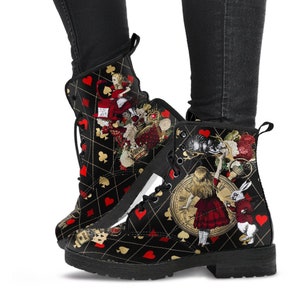 Alice in Wonderland Combat Boots #32 Red Series | Black Lace Print | Birthday Gift Idea, Women's Black Hipster Boots, Custom Shoes