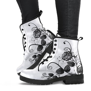 White Combat Boots - Gray Roses | Boho Shoes, Handmade Lace Up Boots, Vegan Leather Lace Up Boots Women, White Boots Women