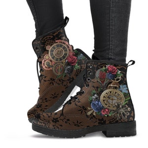 Combat Boots - Steampunk Inspired Design #13 with Black Lace Print | Brown Lace Up Boots Women, Women's Boots, Custom Shoes, Vegan Shoes