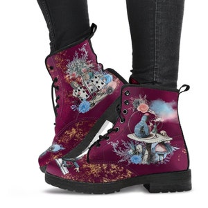 Alice in Wonderland Combat Boots #107 Blue Series | Birthday Gifts, Gift Idea, Women&#39;s Boots, Custom Shoes, Aesthetic Shoes