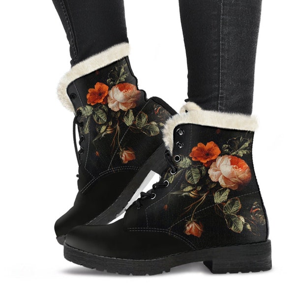 Faux Fur Combat Boots - Distressed Vintage Flower Art | Boho Shoes, Custom Shoes, Women's Boots, Vegan Leather, Goth Boots, Gothic Boots