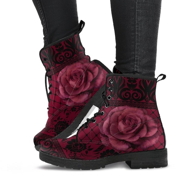 Maroon Combat Boots - Gothic Lace Print #110 Roses | Custom Shoes, Women's Boots, Vegan Leather Shoes, Hippie Boots, 90s Boots, Boho Shoes