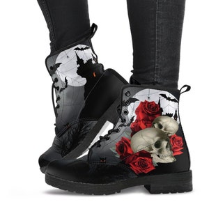 Combat Boots - Goth Shoes #201 Skulls & Roses | Witch Shoes Lace Up, Custom Shoes Boho, Goth Witch Boots, Goth Boots, Gothic, 1980s 2000s