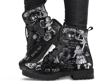 Combat Boots - Alice in Wonderland Gifts #103 Black and White Series, Cheshire Cat, Gift Idea, Women&#39;s Boots, Vegan Shoes, Vegan Leather