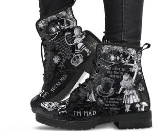 Combat Boots - Alice in Wonderland Gifts #103 Black and White Series, Cheshire Cat, Gift Idea, Women's Boots, Vegan Shoes, Vegan Leather