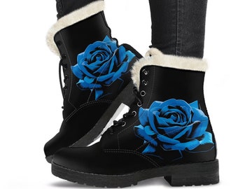 Faux Fur Combat Boots - Elegant Blue Roses | Women's Black Hipster Boots, Custom Shoes, Vegan Leather Lace Up Boots