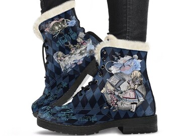 Faux Fur Combat Boots - Alice in Wonderland Gifts #102 Blue Series | Birthday Gifts, Gift Idea, Custom Boho Shoes, Aesthetic, Cute, Kawaii
