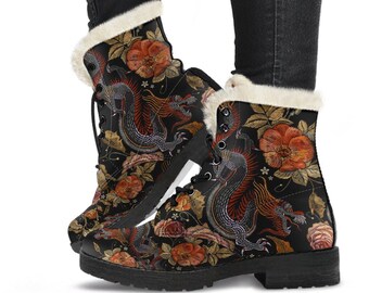 Faux Fur Combat Boots - Dragon & Flowers | Boho Shoes, Handmade Lace Up Boots, Vegan Leather Lace Up Boots, 90s Boots, 2000s Boots