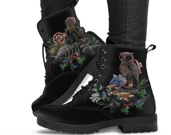 Combat Boots - Steampunk Inspired Design #12 Black | Women's Black Hipster Boots, Handmade Lace Up Boots, Custom Shoes, Women's Boots