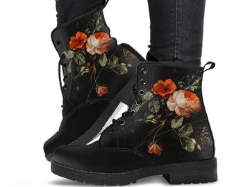 Combat Boots - Distressed Vintage Flower Art | Boho Shoes, Custom Shoes, Women&#39;s Boots, Vegan Leather, Goth Boots, Gothic Boots
