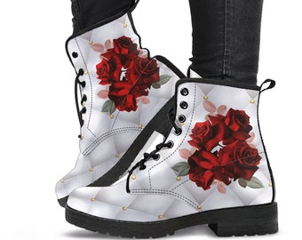 Combat Boots - Beautiful Red Roses #103 | Boho Shoes, Handmade Lace Up Boots, Vegan Leather Lace Up Boots Women