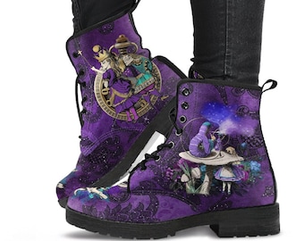 Alice in Wonderland Combat Boots #21 Paarse serie | Paarse laarzen voor dames, handgemaakte veterlaarzen, dameslaarzen