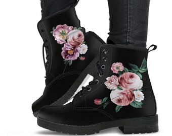 Combat Boots - Beautiful Flowers #11 Black | Women's Black Hipster Boots, Handmade Lace Up Boots, Custom Shoes