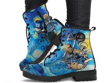 Combat Boots - Alice in Starry Night #102 Navy Series | Custom Shoes, Vincent van Gogh's World Famous Painting, Vegan Leather Lace Up Shoes