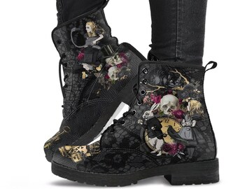 Combat Boots - Alice in Wonderland Gifts #101 Goth Series | Custom Shoes, Women's Black Hipster Boots, Vegan Leather Boots, 90s Women's