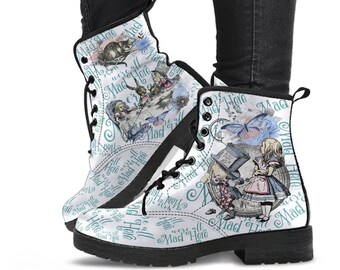 Combat Boots - Alice in Wonderland Gifts #104 Blue Series | Birthday Gifts, Gift Idea, Women's Boots, Handmade Lace Up Boots, Custom Shoes