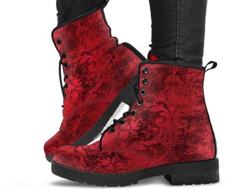 Combat Boots - Grunge Red | Boho Shoes, Handmade Vegan Leather Lace Up Boots Women, 2000s Boots, Cute Hipster Boots, Unisex Adult Shoes
